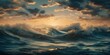 Pacific ocean waves near dusk, deep sea summer sunset, warm weather cumulus rain clouds forming, fading orange sunlight, calming panoramic view, distant horizon - generative AI 