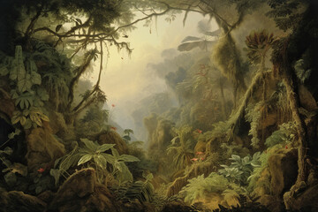 Wall Mural - Tropical rainforest landscape with ferns and plants. Generative AI