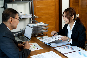 Poster - young businesswoman Cheerful consulting with executives or bosses