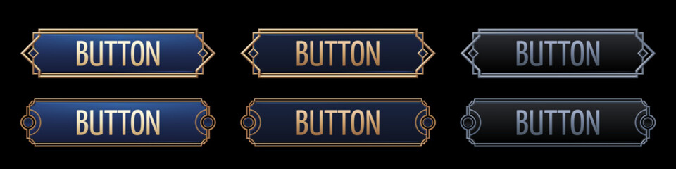 Set of art deco buttons isolated on black background. Realistic vector illustration of bronze, golden, silver metal luxury ui frames with sophisticated decoration. Medieval style border. Sprite sheet