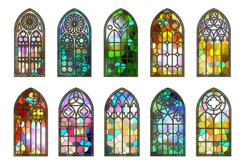 Poster - Gothic stained glass windows. Church medieval arches. Catholic cathedral mosaic frames. Old architecture design. Vector set