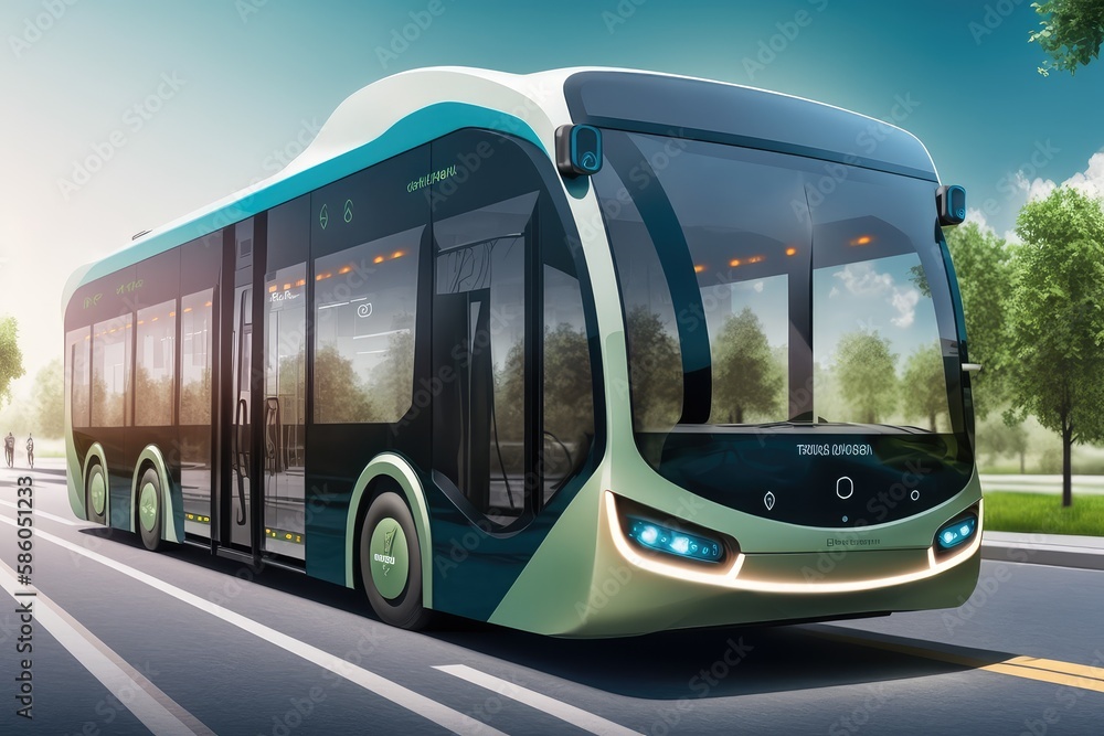 autonomous city bus, traveling along designated route and stopping at ...