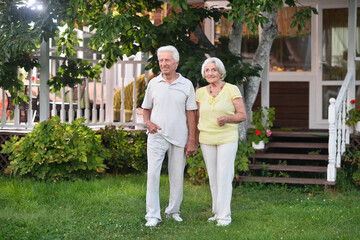 Poster - A beautiful elderly couple walks near their house 