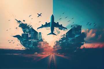 Wall Mural - avinig industry double exposure with airplanes landing and taking off on a busy airport, created with generative ai