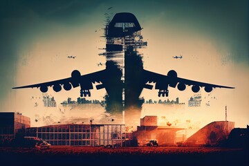 Wall Mural - aviaton industry double exposure, with planes landing and taking off in the background, created with generative ai
