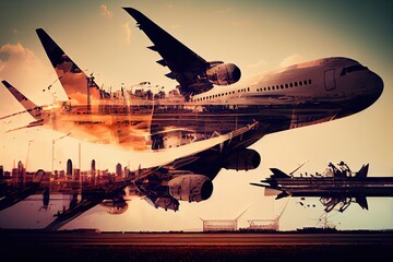 Wall Mural - aviation industry double exposure, with planes in the air and on the runway, created with generative ai