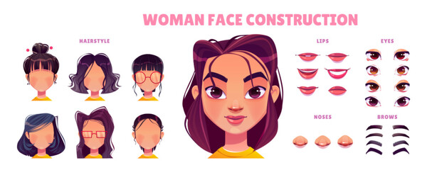 Caucasian young woman face construction set isolated on white background. Vector illustration of young female portrait design elements for game avatar. Hairstyles, lips, eyes, noses, brows collection