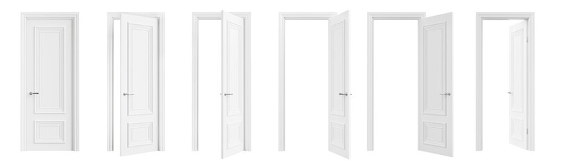 Aufkleber - Set of white doors in various stages of opening, isolated on transparent background. 3D render. Clipping path included.