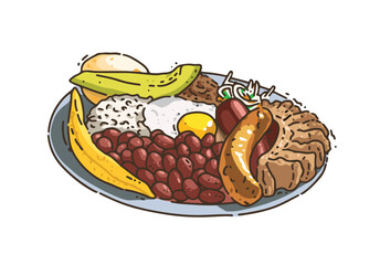 Bandeja de arriero, bandeja montañera, or bandeja antioqueña. Bandeja Paisa is a Colombian dish consisting of white rice, red beans, beef, chorizo sausage, pork belly, fried plantains, a fried egg