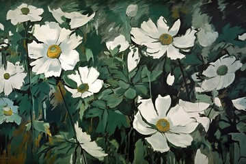 Wall Mural - Illustration of white flowers with green leaves in a painting created with Generative AI technology