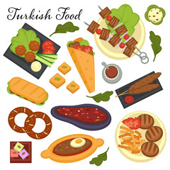 Wall Mural - Collection of Turkish cuisine dishes dinner and lunch. Meals made of vegetables and meat, kebab and menemen made with egg