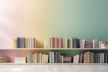 Wall Mural - Shelf with books on pastel color wall background. Generative AI.