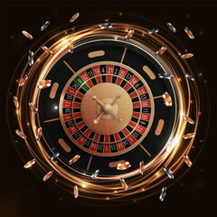 Gold and black shine neon rotate Casino Roulette wheel with poker chips, luxury casino element