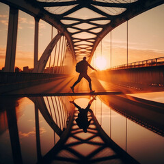 silhouette of a person on bridge, A person in a bridge pose on a bridge over a river, sunset, energizing, playful, optimistic, Nikon prime lens, sunset, bright, adventure, Generative Ai