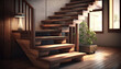 © Agent687 - Wooden staircase in a beautiful modern interior with a plant nearby, generative ai