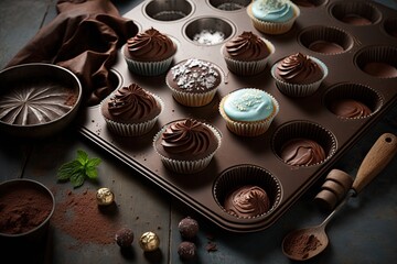 baked delicious homemade cupcakes in chocolate on baking tray, created with generative ai