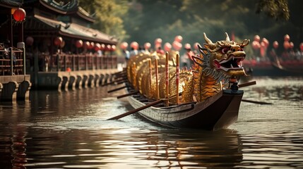 Wall Mural - A row of dragon boats with the traditional figureheads. Generative AI illustration.