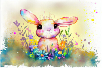 Sticker - artistic watercolor mischievous cute rabbit Generative AI