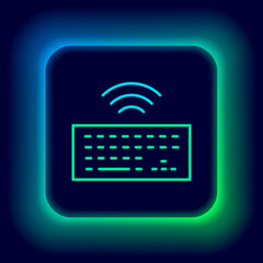 Poster - Glowing neon line Wireless computer keyboard icon isolated on black background. PC component sign. Internet of things concept with wireless connection. Colorful outline concept. Vector