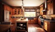 © Anna - a large kitchen with wooden cabinets and a center island in the middle of the room.  generative ai