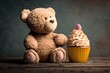 A cuddly teddy bear with a cupcake. Generative AI
