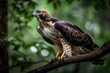 A hawk perched on a branch, ready to swoop down and catch its prey. Generative AI