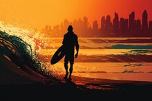 A Lone Surfer Catching A Wave At Sunset With The Ocean Skyline In The Background. Generative AI