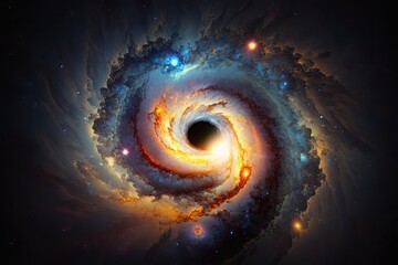 A large, bright galaxy with a central black hole, surrounded by smaller galaxies and stars. Generative AI