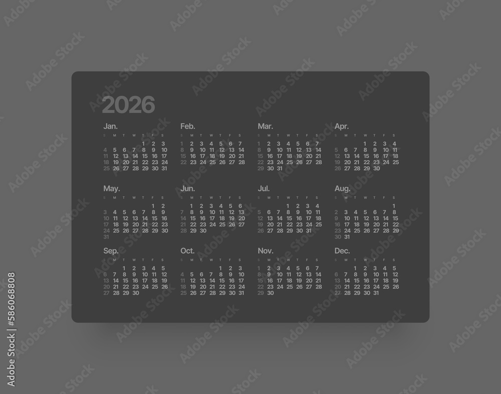 Annual calendar template for 2026 year. Week Starts on Sunday. Business ...