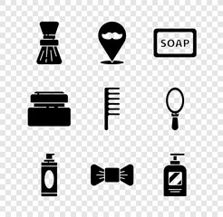 Sticker - Set Shaving brush, Barbershop, of soap with foam, gel, Bow tie, Bottle shampoo, Cream or lotion cosmetic tube and Hairbrush icon. Vector