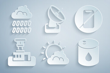 Wall Mural - Set Sun and cloud weather, No cell phone, Airport control tower, Barrel oil, Radar and Cloud with rain icon. Vector