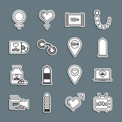 Canvas Print - Set line Sex tv old television, Laptop with 18 plus content, Condom safe sex, Play Video, Sexy fluffy handcuffs, Disc inscription, Female gender symbol and Location icon. Vector