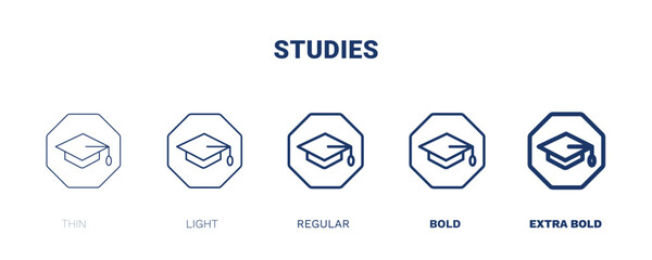 studies icon. Thin, light, regular, bold, black studies, education icon set from education collection. Outline vector isolated on white background. Editable studies symbol can be used web and mobile