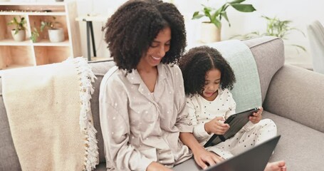 Poster - Laptop, tablet and mother with child on sofa for online learning, educational games and working on internet. Family, love and happy mom and girl with technology bonding, relax and together at home