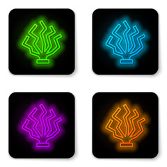 Poster - Glowing neon line Coral icon isolated on white background. Black square button. Vector