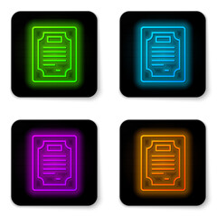 Sticker - Glowing neon line Certificate template icon isolated on white background. Achievement, award, degree, grant, diploma concepts. Black square button. Vector