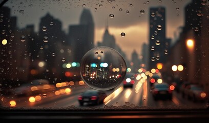 Wall Mural -  a view of a city from a car window with raindrops.  generative ai