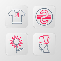 Sticker - Set line Ukrainian cossack, Sunflower, hryvnia and Embroidered shirt icon. Vector