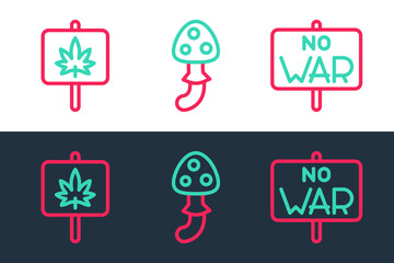 Wall Mural - Set line No war, Marijuana and Psilocybin mushroom icon. Vector