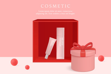 Cosmetics and skin care product ads template on pink background with gift box and pearls.