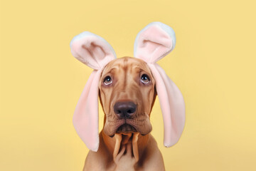 Wall Mural - Funny brown Easter bunny dog with rabbit ears on yellow background. Generative AI