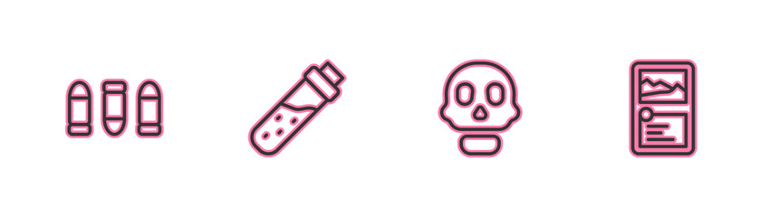 Sticker - Set line Bullet, Skull, Bottle with potion and Card game collection icon. Vector