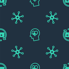 Sticker - Set line Head with heartbeat, Network and Refund money on seamless pattern. Vector