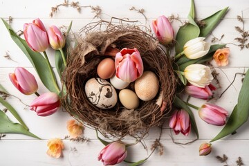 Canvas Print - birds nest with eggs and tulips in a spring garden created with Generative AI technology