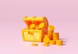 Treasure box. Opened treasure chest with coins floating on pink background. 3d illustration.
