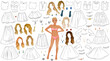 Tutu Skirt Coloring Page Paper Doll with Clothes, Hairstyles, Shoes and Accessories. Vector Illustration