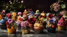 Beautiful Luxury Vanilla Cup Cakes With Golden Leaf, Flowers,  Decorations On Moody Backdrop Background AI Generative