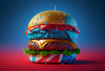 illustration of lue red colored burger with american flag on top . ai