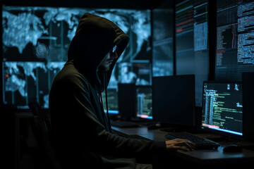 hacker dressed in a hoodie, sitting in a dark room surrounded by monitors, coding malicious software