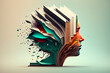 © VICHIZH - A tranquil portrait of a beautiful brooding woman effect of books flying out of her head. The concept of education and literacy in a human bookshelf on an isolated background. Generative AI.